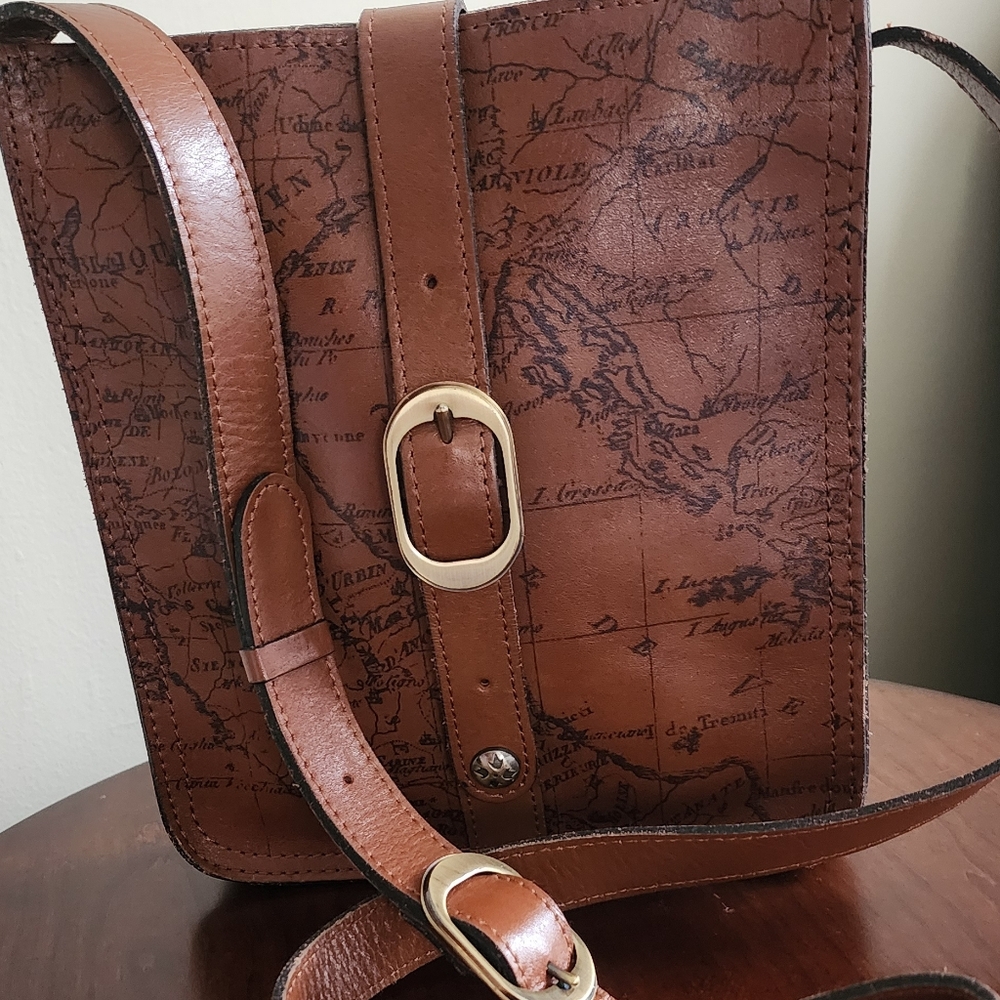 Patricia Nash Brown Leather Map Print Crossbody Bag